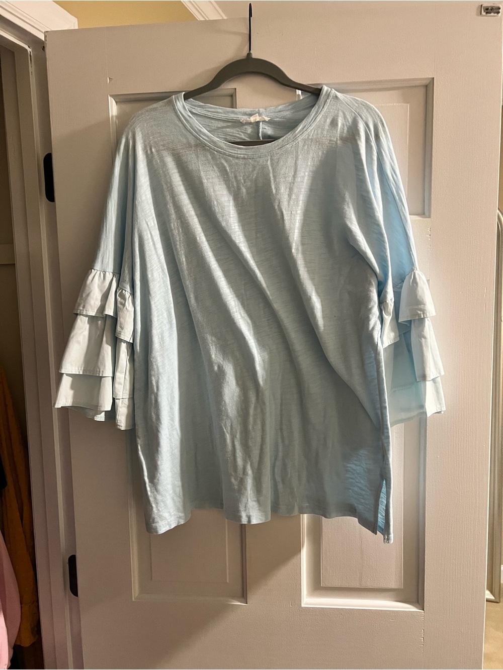 Oh Light Blue Tiered Ruffle Sleeve Long Sleeve Top